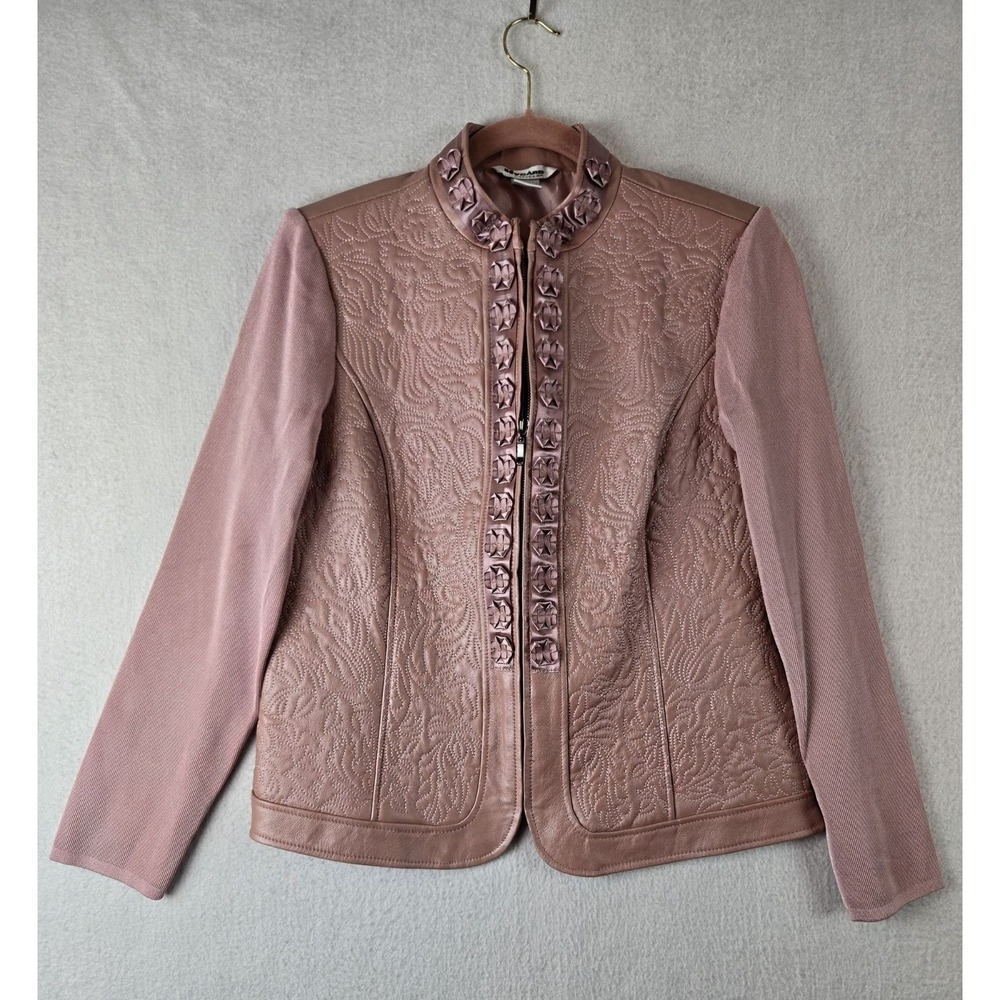 Nygard Collection Womens Pink Leather Jacket Size M 10 Knit Sleeves Embroidered